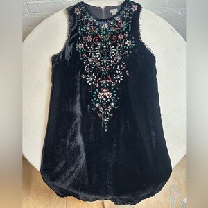 Ecote Bejeweled Black Velvet Floral Beaded Holiday Embellished Crew Mini Dress